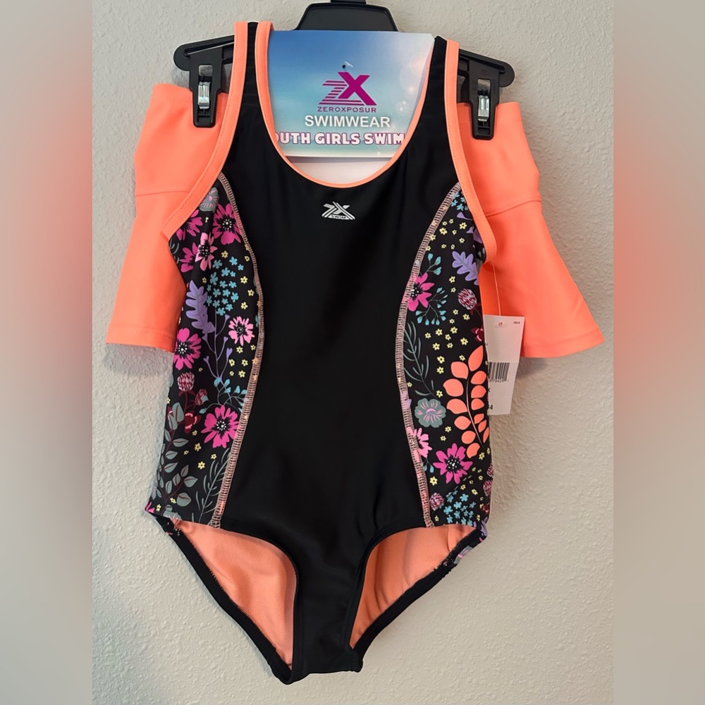 Zeroxposur Girls Black/Orange 1 Piece Swimsuit/Cover Up Skirt Set NWT Size 6/6X